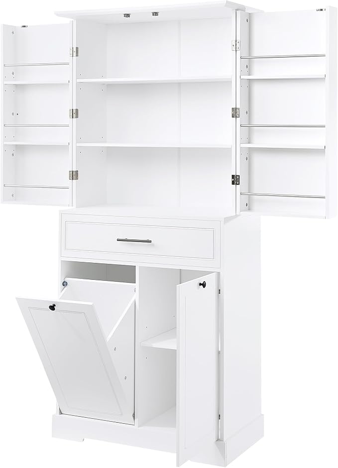 72.6" Storage Cabinet with Drawer and Door Shelf, Tilt-Out Laundry Hamper, Tall Freestanding Pantry Organizer Rack for Kitchen, Living Room or Bathroom, White