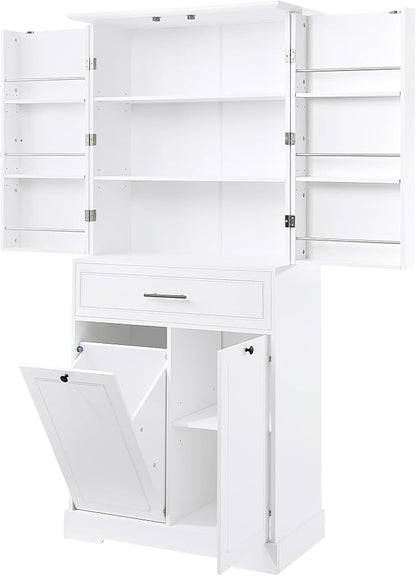 72.6" Storage Cabinet with Drawer and Door Shelf, Tilt-Out Laundry Hamper, Tall Freestanding Pantry Organizer Rack for Kitchen, Living Room or Bathroom, White