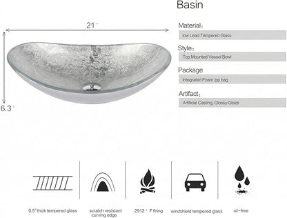 Bathroom Boat Shape Artistic Glass Vessel Sink Free Chrome Faucet and Pop-up Drain Set, Silver