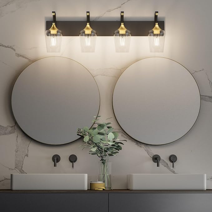 Ralbay Black/Gold Bathroom Vanity Light 4-Lights Industrial Black Vanity Lights Clear Glass Vintage Edison Wall Mount Light Fixtures for Bathroom