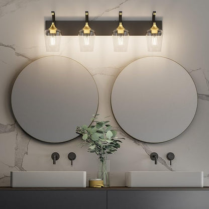 Ralbay Black/Gold Bathroom Vanity Light 4-Lights Industrial Black Vanity Lights Clear Glass Vintage Edison Wall Mount Light Fixtures for Bathroom