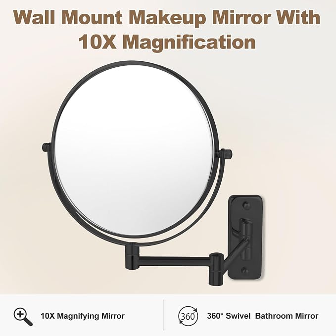 8” Wall Mounted Makeup Mirror with10X Magnification, Double Sided Shaving Mirror Wall Mount for Bathroom, 360° Swivel Extendable Vanity Mirror with Adjustable Arm for Daily Use, Matte Black（No Light）