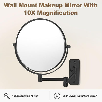 8” Wall Mounted Makeup Mirror with10X Magnification, Double Sided Shaving Mirror Wall Mount for Bathroom, 360° Swivel Extendable Vanity Mirror with Adjustable Arm for Daily Use, Matte Black（No Light）