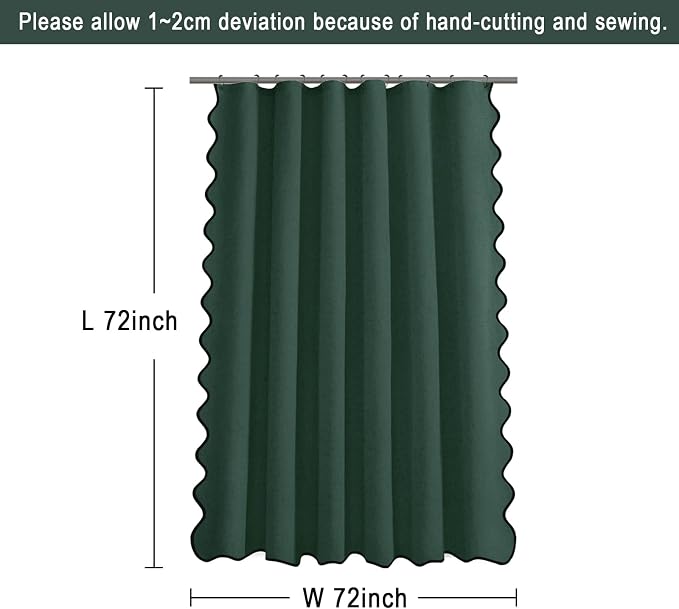 Scalloped Shower Curtain Linen Boho Flax Dark Green 72" W x 72" L | Linen Fabric, Black Border, Washable, Heavy Duty Cloth, Shower Curtain for Boho Farmhouse Bathroom Bathtub