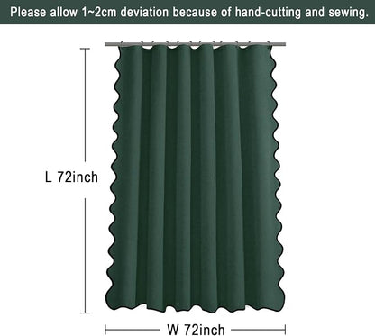 Scalloped Shower Curtain Linen Boho Flax Dark Green 72" W x 72" L | Linen Fabric, Black Border, Washable, Heavy Duty Cloth, Shower Curtain for Boho Farmhouse Bathroom Bathtub