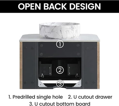 24" Preassembled Floating Bathroom Vanity with Carrara Finish Sink, Oak | Mid-Century Modern Style, Fluted & Soft-Close Drawer with U-shaped Wall, Sinterted Stone Countertop, Towel Rack Included
