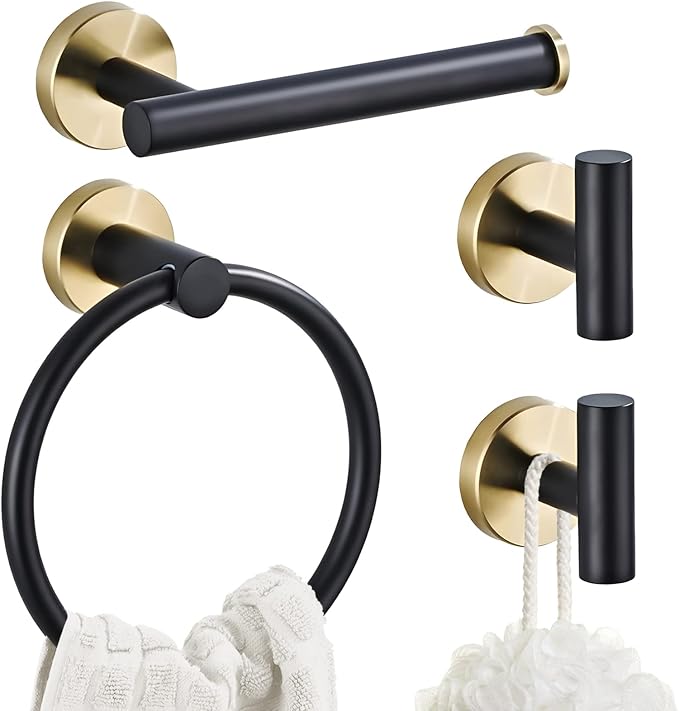 Bathroom Hardware Set 4 Piece Black&Gold Wall Mounted Stainless Steel Hardware Towel Bar Set Gold Bathroom Accessories Towel Rack Set Kit Includes Hand Towel Ring, Toilet Paper Holder, 2 Robe Hook