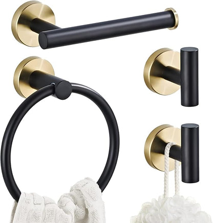 Bathroom Hardware Set 4 Piece Black&Gold Wall Mounted Stainless Steel Hardware Towel Bar Set Gold Bathroom Accessories Towel Rack Set Kit Includes Hand Towel Ring, Toilet Paper Holder, 2 Robe Hook