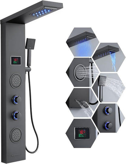 ROVATE 5-in-1 LED Rainfall Waterfall Shower Panel Tower System Matte Black | No Battery Needed Digital Temperature Display, Powerful Body Massage Jets, Flexible Handheld and Tub Spout, Blue LED Knob