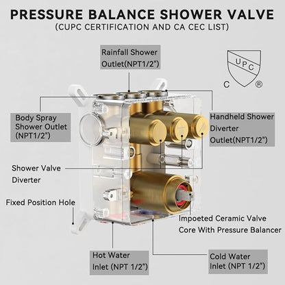 Brushed Gold Shower System, STARBATH Ceiling Mounted 12+6 Inch Rainfall Shower Head with 2 in 1 High Pressure Handhled, Can Use All at Once, Push Button Diverter Thermostatic Valve with Trim Kit