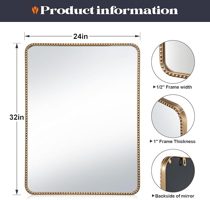24"x32" Champagne Bronze Mirrors for Bathroom, Brass Vintage Bathroom Wall Mirror with Beaded Frame, Champagne Bronze Vanity Mirror for Ornate Mantle Bedroom