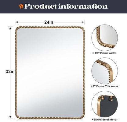 24"x32" Champagne Bronze Mirrors for Bathroom, Brass Vintage Bathroom Wall Mirror with Beaded Frame, Champagne Bronze Vanity Mirror for Ornate Mantle Bedroom