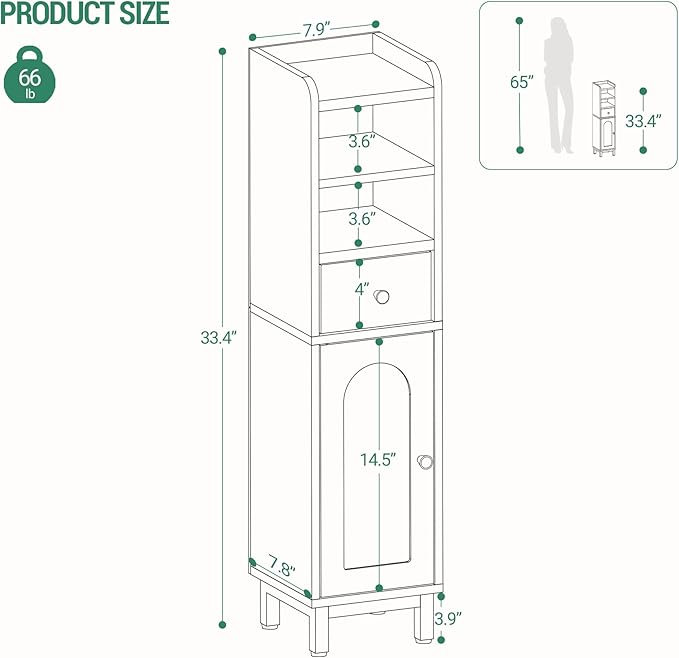 Bathroom Storage Cabinet, Corner Floor Cabinet with Drawers and Doors, Narrow Toilet Paper Holder, Bathroom Organizer with Adjustable Shelf, for Small Spaces, Black, BC19804GV1