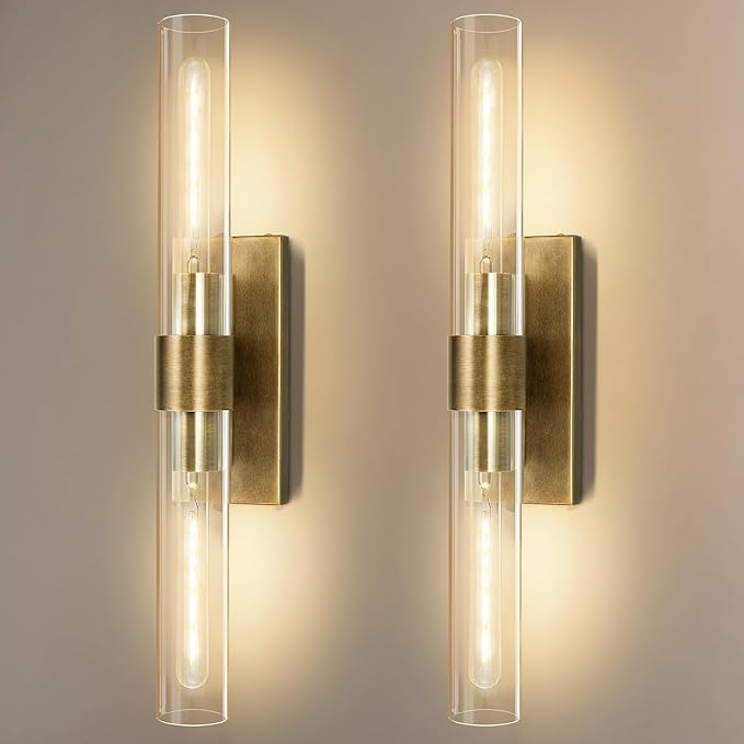 Wall Sconces Set of Two, 22.8" Gold Bathroom Sconces Wall Lighting with Clear Glass, Modern Sconces Wall Decor Brass Light Fixtures for Bathroom Mirror Living Room Hallway Bedroom