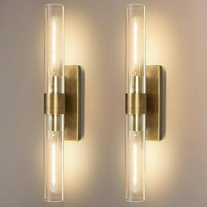 Wall Sconces Set of Two, 22.8" Gold Bathroom Sconces Wall Lighting with Clear Glass, Modern Sconces Wall Decor Brass Light Fixtures for Bathroom Mirror Living Room Hallway Bedroom