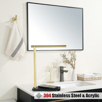 JQK Hand Towel Holder Stand Brushed Gold, Modern Tree Rack Free Standing for Countertop with 12 Inch Bar, 304 Stainless Steel Thicken 0.8mm, HTT170-BG