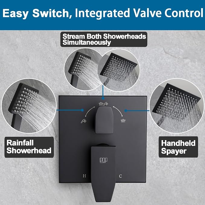 Matte Black Shower Faucet Set Rainfall 10 Inch Shower Head and Handle Set Bathroom Rain Shower System Wall Mounted Shower Fixture Include Shower Valve and Trim Kit