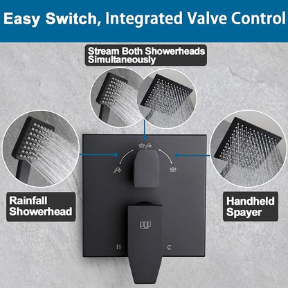 Matte Black Shower Faucet Set Rainfall 10 Inch Shower Head and Handle Set Bathroom Rain Shower System Wall Mounted Shower Fixture Include Shower Valve and Trim Kit
