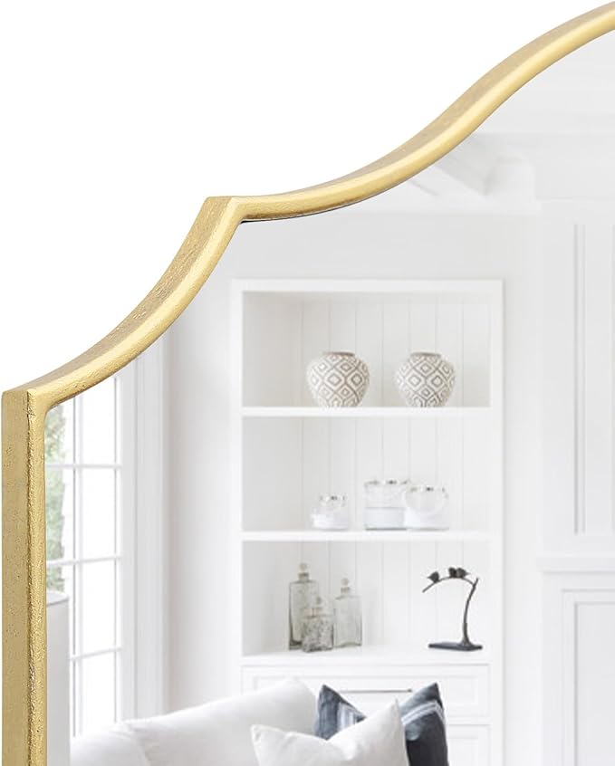 Besdomus Gold Scalloped Dresser Mirror: 35"x26" Wooden Bathroom Mirror | Modern Minimalist Decorative Arched Wall Mirror for Vanity/Mantel/Bedroom/Entryway/Fireplace/Nightstand/Dining Room/Over Sink