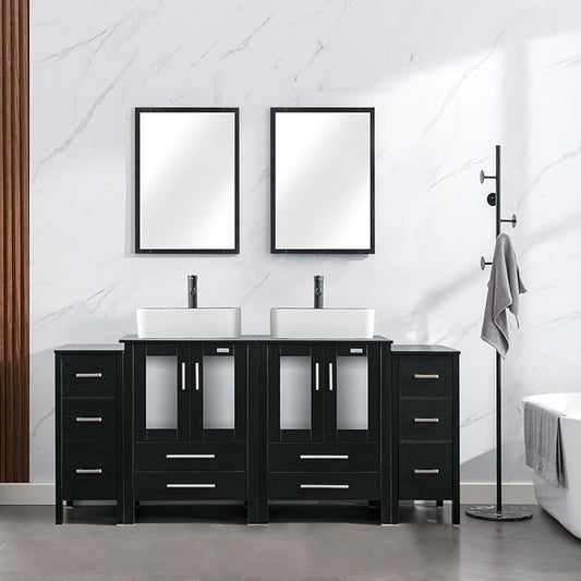 eclife 72" Modern Bathroom Vanity Sink Combo Freestanding Cabinet with Small Side Cabinet, White Black Ceramic Vessel Sink, Water Save Faucet, Drain (Black+T03BK)