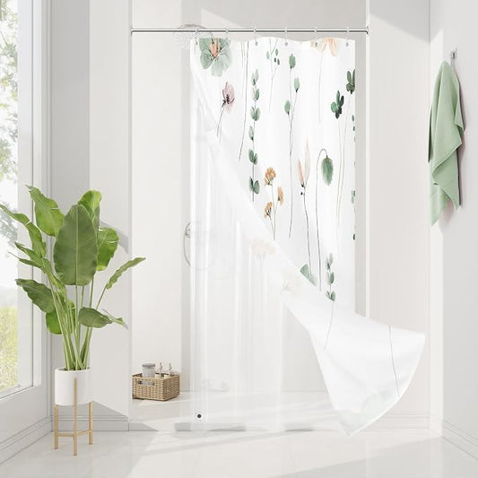 Small Stall 3 in 1 Shower Curtain Set, Watercolor Floral Bath Curtain and PEVA Liner Set with 12 Double Sided Steel Hooks, Modern Waterproof Fabric Bathroom Curtain 36x72, Sage Green
