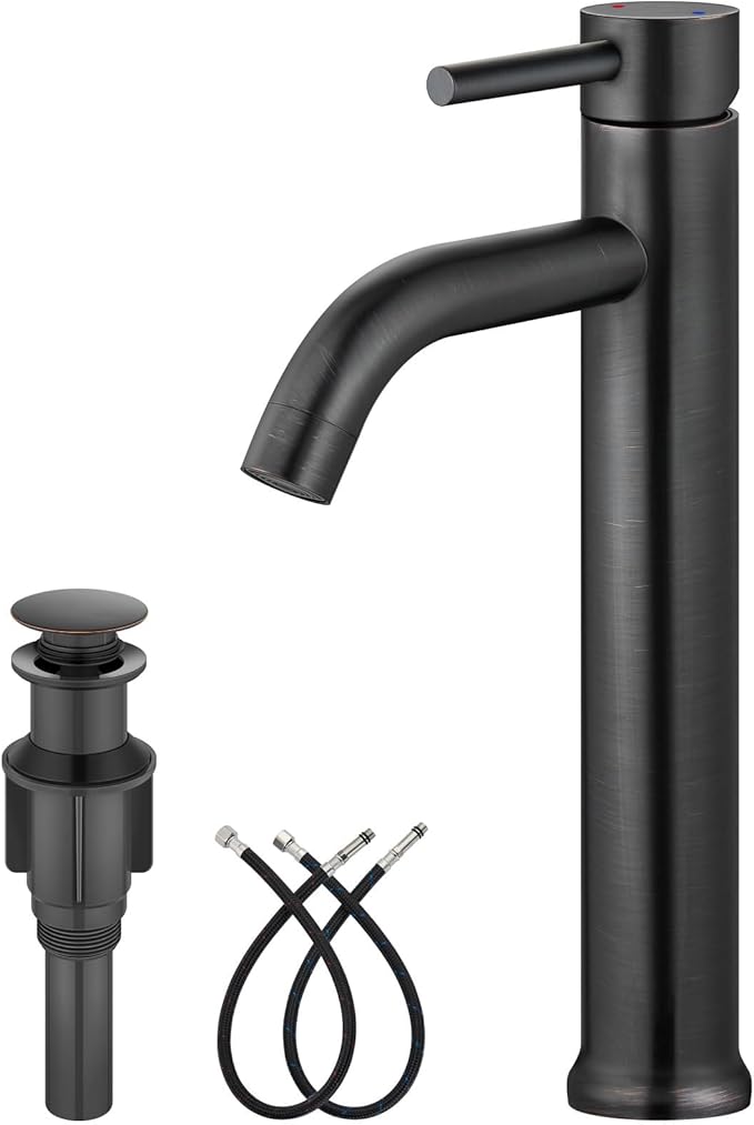 Aolemi Vessel Sink Faucet – SUS304 Stainless Steel Tall Bathroom Faucet,Single Lever Handle,1 Hole Bathroom Faucets with Supply Lines and Pop Up Drain,Oil Rubbed Bronze