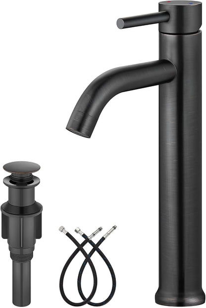 Aolemi Vessel Sink Faucet – SUS304 Stainless Steel Tall Bathroom Faucet,Single Lever Handle,1 Hole Bathroom Faucets with Supply Lines and Pop Up Drain,Oil Rubbed Bronze