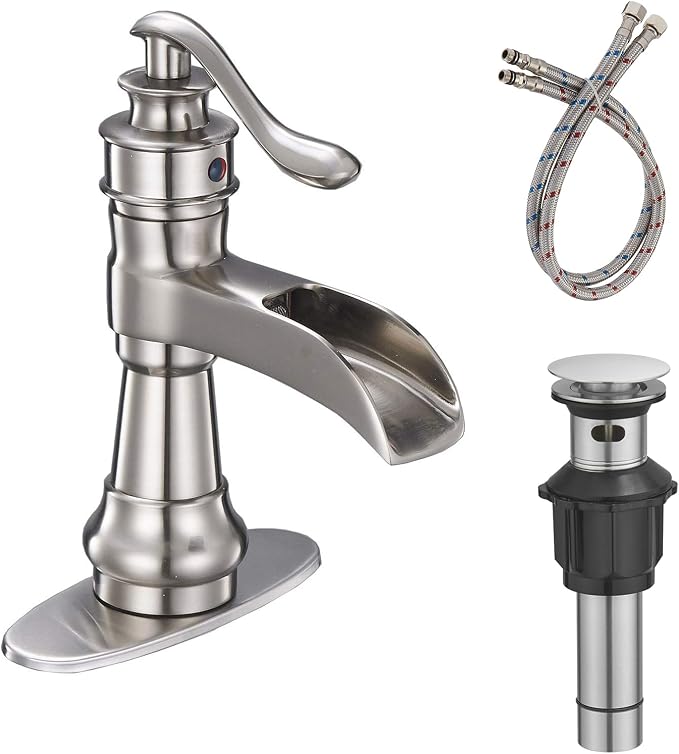 Brushed Nickel Bathroom Faucet Single Handle Waterfall Spout | Pop Up Drain and Supply Lines Included, One Hole Commercial Lavatory Deck Mount, Easy Install, Wipe-clean Surface