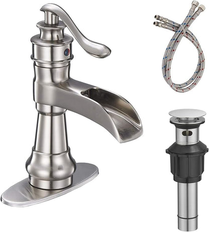 Brushed Nickel Bathroom Faucet Single Handle Waterfall Spout | Pop Up Drain and Supply Lines Included, One Hole Commercial Lavatory Deck Mount, Easy Install, Wipe-clean Surface