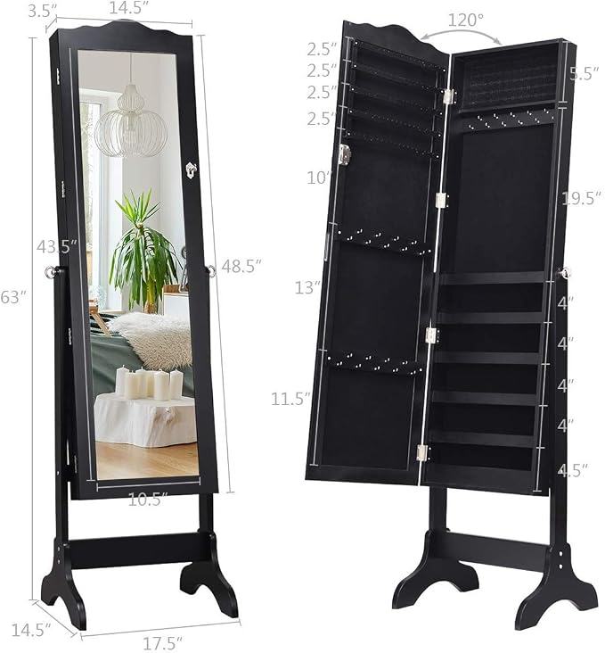 GIANTEX Jewelry Armoire with Full Length Mirror, Lockable Standing Jewelry Cabinet, Mirror with Jewelry Storage, Ring Earring Necklace Makeup Display, Jewelry Organizer Box for Women Girls, Black