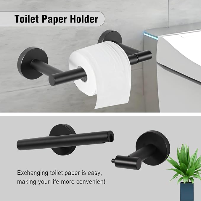 5 Piece Modern Style Wall Mounted Bathroom Hardware Set | #304 Stainless Steel, 24" Towel Bar Mount, Towel Rings, 2 Pillar Toilet Paper Holder, Bathrobe Hook (Matt Black)