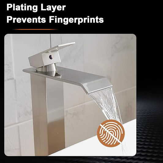 Brushed Nickel Bathroom Vessel Sink Faucet, Waterfall Faucet, Vessel Faucet, Tall Body High 1 Hole Single Handle with Pop Up Drain Combo Vanity Mixer Tap Commercial Basin Bowl Sink Silver