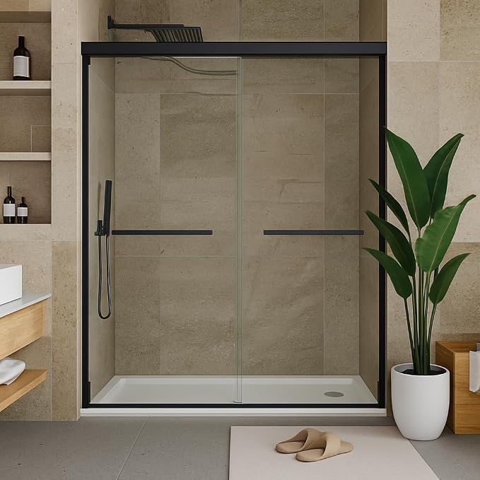 Double Sliding Shower Door 44-48 Inch W×72 Inch H Framed – Matte Black Aluminum Frame Bypass Shower Door with 8mm Tempered Glass, Easy Clean Coating for Bathroom