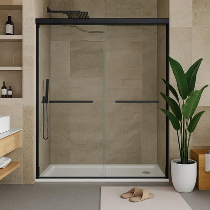 Double Sliding Shower Door 44-48 Inch W×72 Inch H Framed – Matte Black Aluminum Frame Bypass Shower Door with 8mm Tempered Glass, Easy Clean Coating for Bathroom