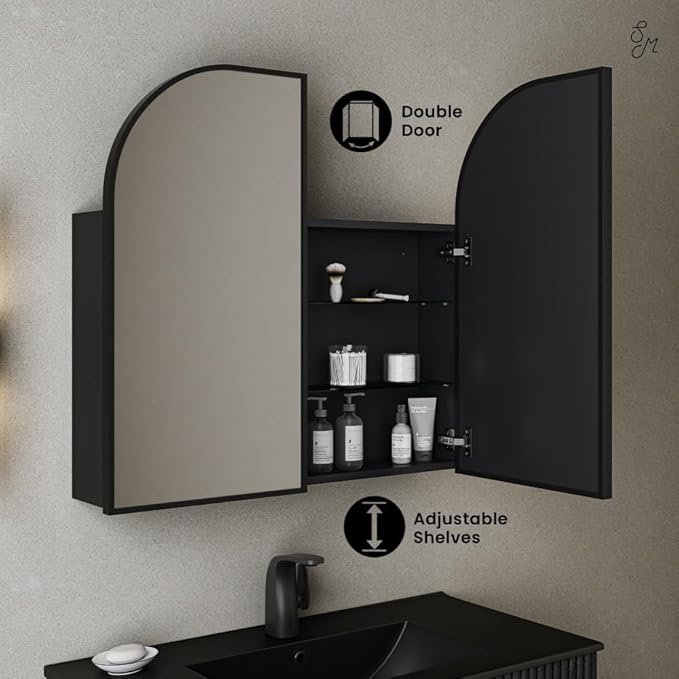 Swiss Madison Porte 32 x 31 Arched Recessed/Wall Mount Medicine Cabinet with Mirror in Black