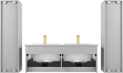 Blossom 48 Inch Double Sink Bathroom Vanity with Side Cabinets and Mirrors, All Wood Wall Mounted Floating Bathroom Vanity Cabinet with Acrylic Sink, Soft-Close Drawers, Bathroom Vanities, Light Grey