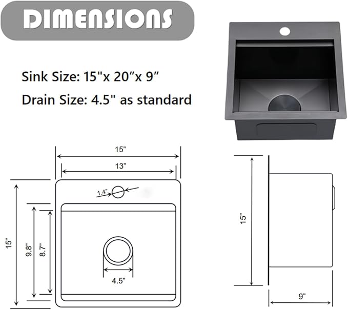 HOTIS 15 X 15 Inch Black Drop in Bar Sink, Black Bar Sink,Topmount RV Small Kitchen Sink, Outdoor Single Bowl Prep Sink with Dish Grid & Drain & Cutting Board