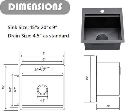 HOTIS 15 X 15 Inch Black Drop in Bar Sink, Black Bar Sink,Topmount RV Small Kitchen Sink, Outdoor Single Bowl Prep Sink with Dish Grid & Drain & Cutting Board