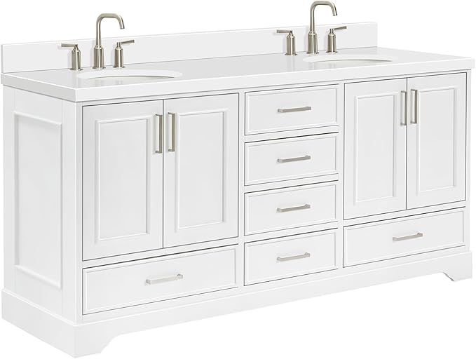 ARIEL Stafford 72-inch Bathroom Vanity with Sink,Solid Wood, 1.5-inch Pure White Quartz Countertop & Backsplash, Double Oval Porcelain Sink, 4 Soft Closing Doors, 6 Dovetail Drawers, White