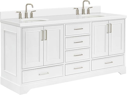 ARIEL Stafford 72-inch Bathroom Vanity with Sink,Solid Wood, 1.5-inch Pure White Quartz Countertop & Backsplash, Double Oval Porcelain Sink, 4 Soft Closing Doors, 6 Dovetail Drawers, White