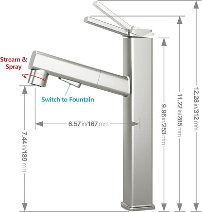 MIAOHUI Vessel Sink Faucet with Pull Out Sprayer, 3 Spray Mode Tall Bathroom Sink Faucet, High Bathroom Faucets for Sink 1 Hole, Single Handle Modern Vanity Faucet with Fountain Mode, Brushed Nickel