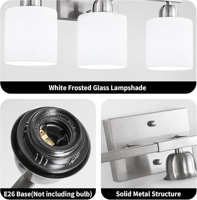 4 Light Bathroom Light Fixtures, Brushed Nickel Vanity Lights for Bathroom with Milky White Frosted Glass Shade, Wall Lights for Mirror Bedroom Living Room E26 Base