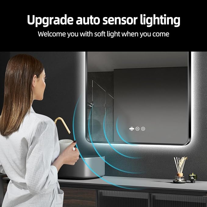 36" x 36" Black LED Bathroom Mirror with Lights - Motion Sensor | Smart Backlit Mirror Bathroom, Metal Framed, Anti-Fog, 3-Color Stepless Dimmable Lighted Mirror, Memory Function, CRI≥93