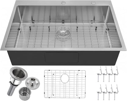 33x22 Inch Drop In Kitchen Sink, Topmount Stainless Steel Brushed Nickel Single Bowl Kitchen Sink, Extra-thick 16 Gauge For RV Laundry Utility with Dish Grid and Basket Strainer YSD013