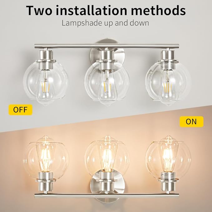 Bathroom Light Fixtures Over Mirror 3-Lights Bathroom Vanity Light with Clear Globe Glass Shade 22 inch Modern Brushed Nickel Vanity Lights Wall Sconce Lighting for Bath