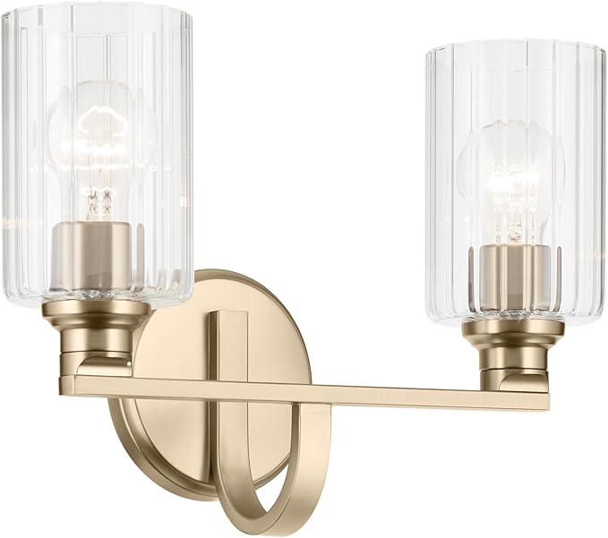 Kichler Gioe 14.25" 2-Light Vanity Light with Clear Fluted Glass in Champagne Bronze, Damp Rated, for Bathroom, Powder Room, Over a Mirror, (14.25" W x 10.5" H), 55225CPZFLU