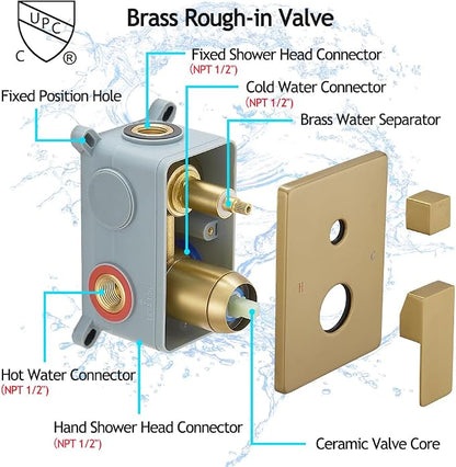 Brushed Gold Shower System, 8 Inch High Pressure Rain Shower with Handheld, Wall Mount Shower Faucet Set for Bathroom, Rough-in Valve Body and Trim Included