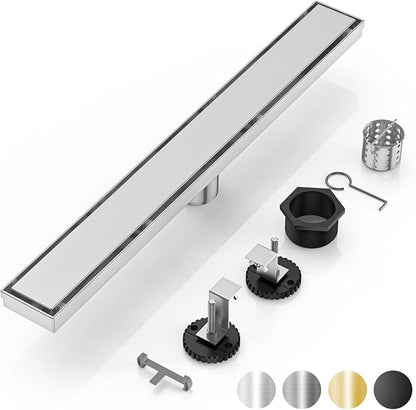 DLONE® Linear Shower Drain - 32 Inch Brushed Nickel, with Tile Insert Panel | AISI 304 Stainless Steel Linear Drain, Rectangle Shower Floor Drain, with Adjustable Feet, Fits Bathroom & Balcony etc