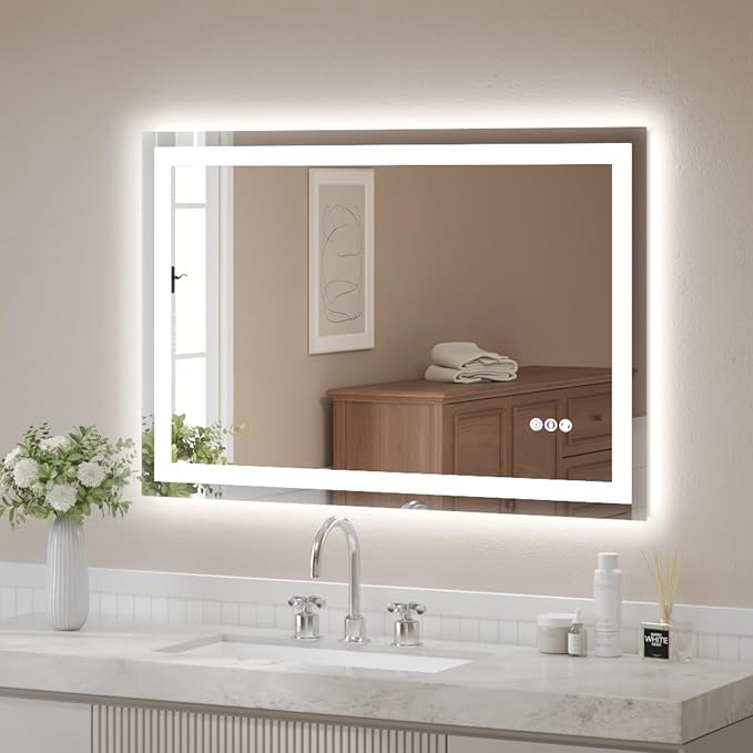 48x32 Inch LED Bathroom Mirror for Over Sink | Tempered Glass - Frameless Backlit Lighted Mirror for Bathroom Vanity with Anti-Fog, 3 Colors Dimmable, Memory Function