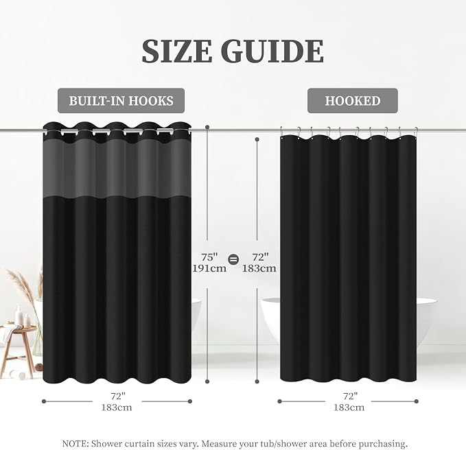 Black Ringless Linen Textured Shower Curtain with Snap in Liner, 72x75 | 3 in 1 Hotel Shower Curtain Set, Removable Liner, Waterproof & Washable, Mesh Top Window, Durable Fabric, Easy to Install